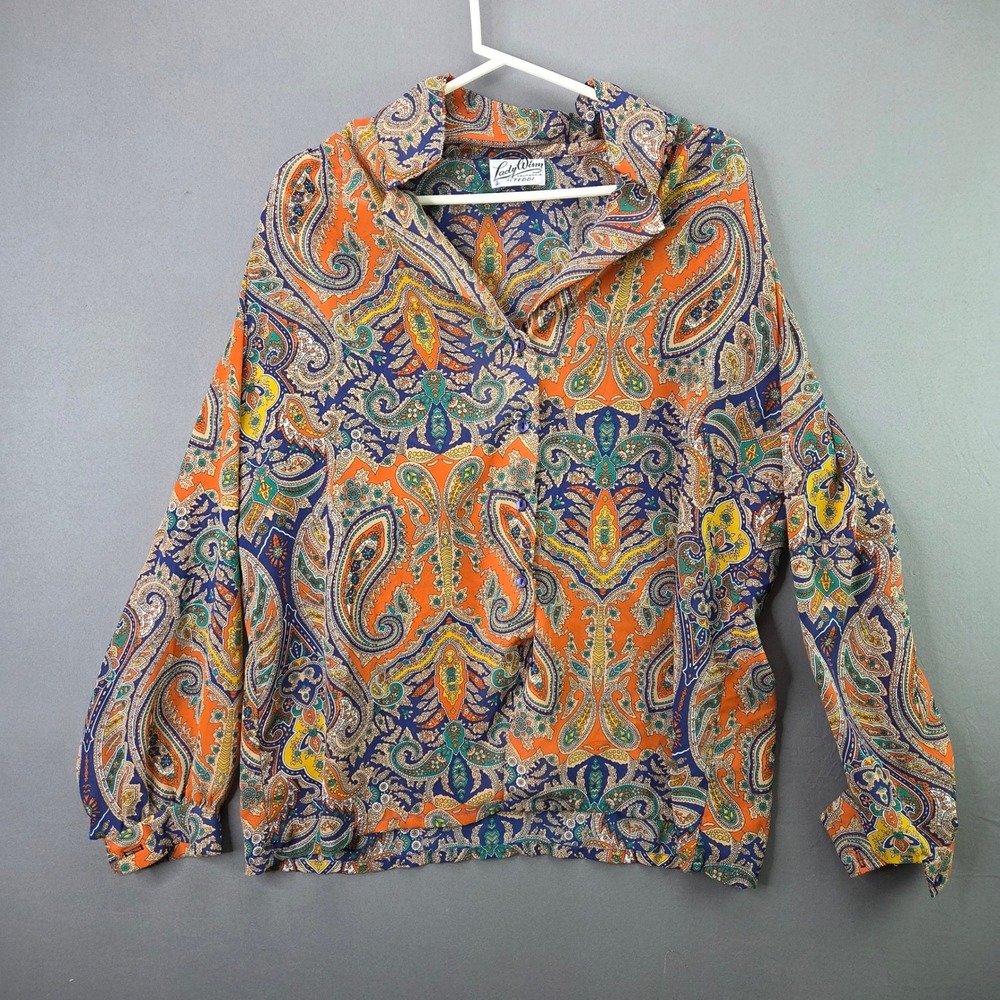 Lady Winn Vintage Paisley Button Up Blouse XL Orange Blue Long Sleeve Top Retro